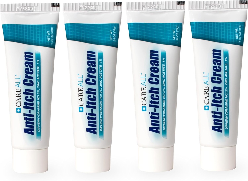 CareAll Anti-Itch Cream 1.25oz (4 팩) 히스타민 차단, Diphenhydramine HCI 2% 화제 진통제 & 아연 아세테이트 0.1% 피부는 임시 고통을 위해 보호하고 일반적인 옥외 침체에서 이발 구호합니다