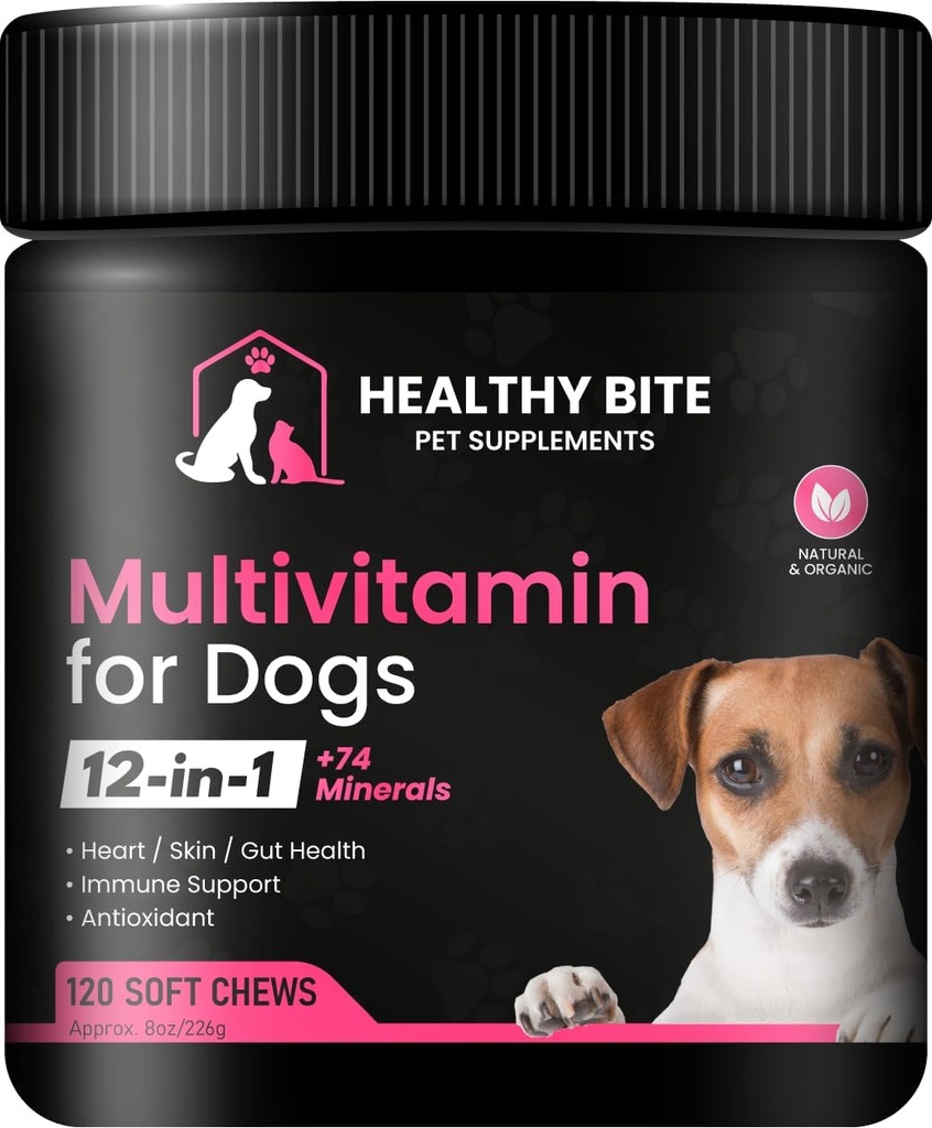 개를위한 1 Multivitamin에서 건강한 Bite 12 - 피부 및 코트 보충, 면역 지원, 애완 동물 비타민, 미국에서 만든 개 칼슘 - 120 개