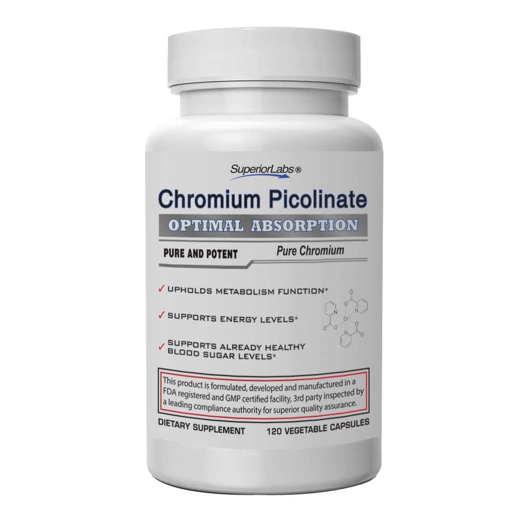 우량한 실험실 크롬 Picolinate 500mcg, 높은 흡수, 비 GMO, 혈액 설탕 & 대사 지원, 무게 및 음식 Craving 관리, 도움 에너지 & 인슐린 감도, 120의 볼트 모자