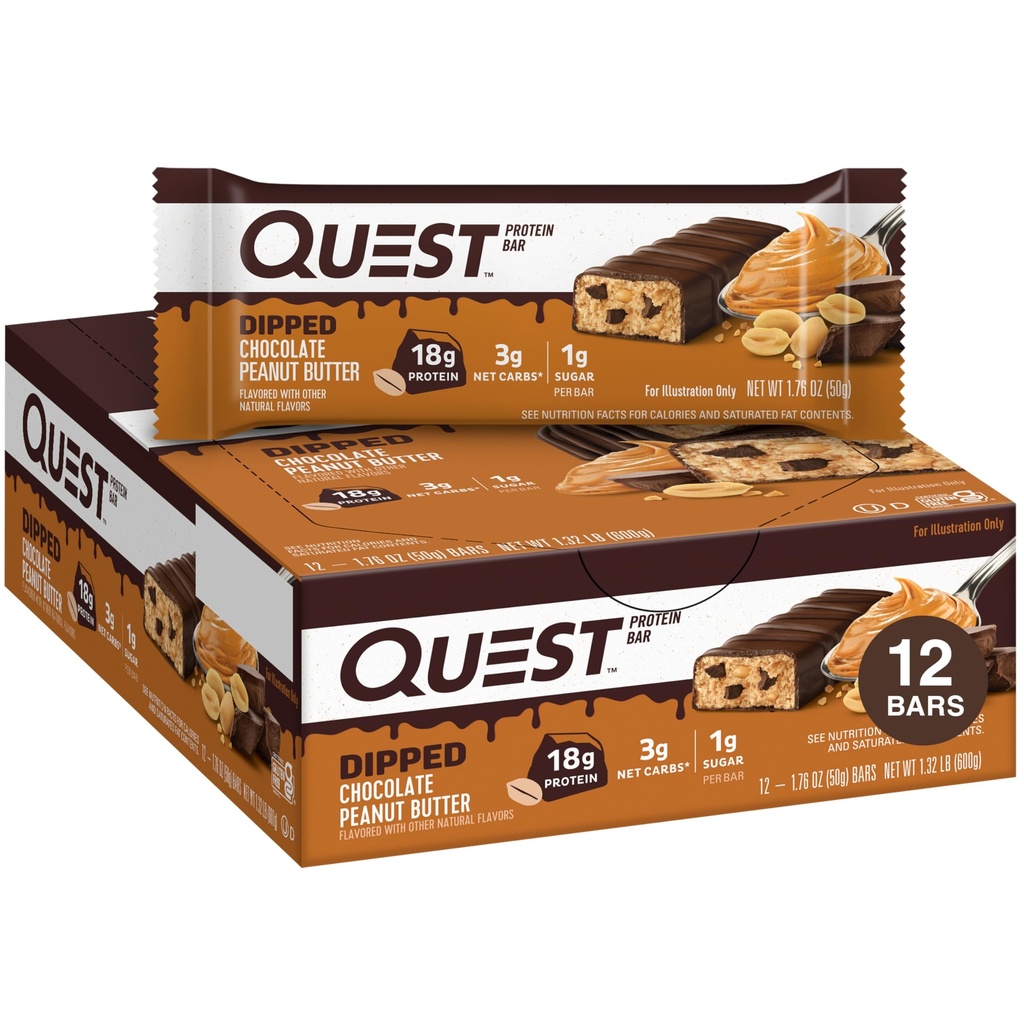 Quest Nutrition Dipped Chocolate Peanut Butter Protein Bar, 18g Protein, 1g Sugar, 3g Net Carbs, 글루텐 무료, 12 개