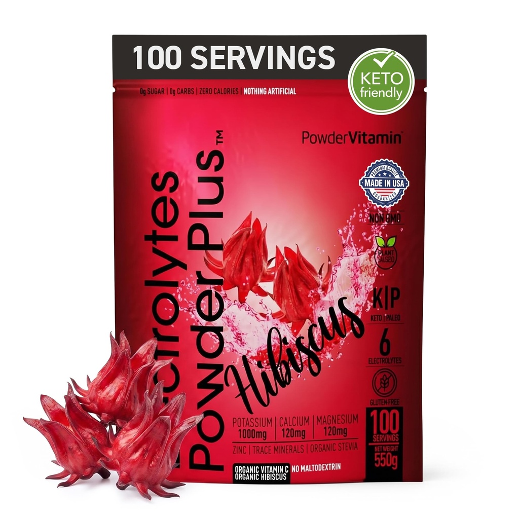 PowderVitamin Electrolytes Powder Plus (100 인분) Hibiscus Electrolyte Powder Zero Calorie Keto,0 Sugar, No Maltodextrin, 1000mg 칼륨, 120mg 칼슘, 120mg 마그네슘, 하이드로 션 파우더