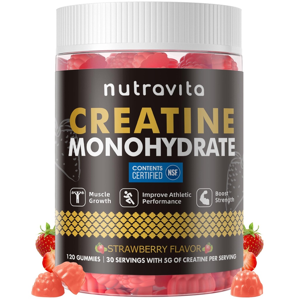 Nutravita NSF 인증 크레아틴 거미 - 남성을위한 크레아틴 Monohydrate Gummies & 서빙 당 크레아틴 Monohydrate의 여성 5g - 설탕 무료, 채식, 딸기 맛, 120 조사