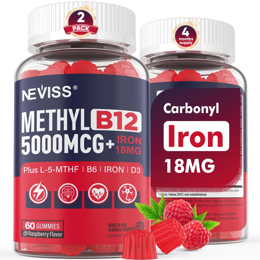 NEVISS 메틸 B12 비타민 5000 mcg Gummies + 여자를 위한 철 18 mg - 에너지 & 초점 지원을 위한 활동적인 Methylcobalamin 메틸을 섞는 B12 비타민 보충교재 w/L-MethylFolate, B6 (P5P) & D3, 120의 서빙