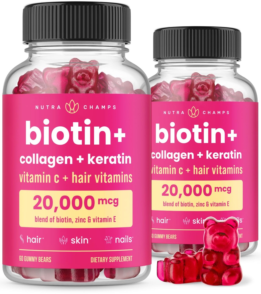NutraChamps Hair Skin & Nails Gummies, Collagen & Keratin, 5000mcg Biotin Beauty Complex, 비타민 보충교재, 베리, 120 조사, 건강한 머리, 레이디 피부 & 강한 못 (포장 2)를 가진 Biotin