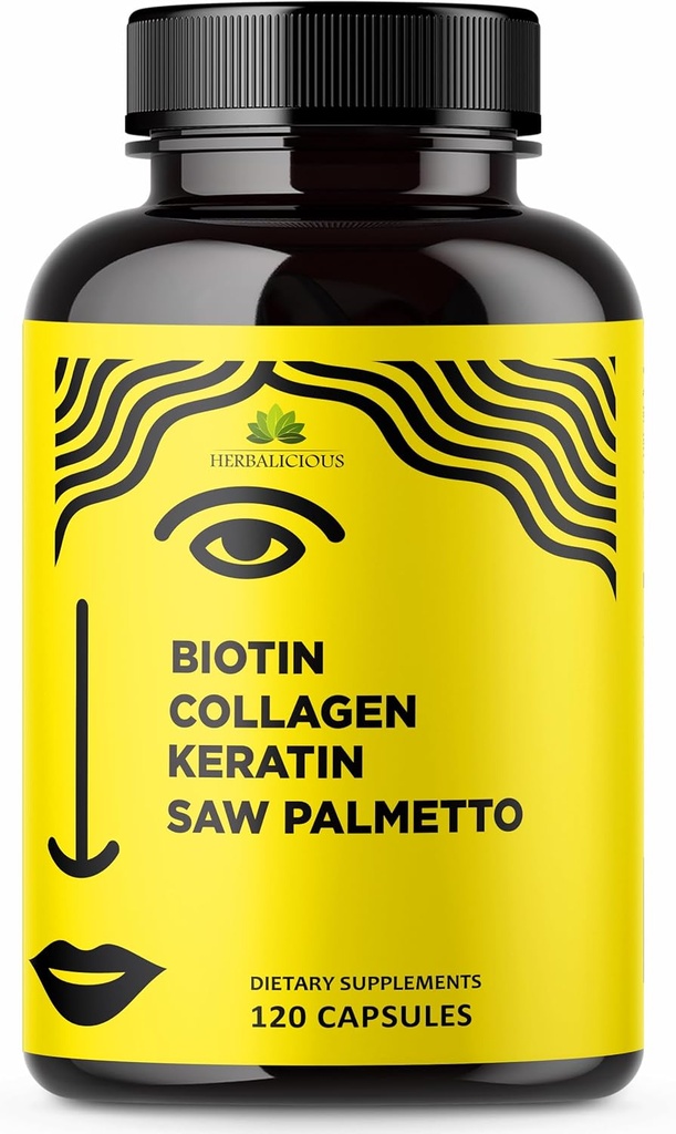HERBALICIOUS Biotin Vitamins with Collagen, Keratin & Saw Palmetto for Women and Men - Biotin 10000 mcg Hair Skin Nails Supplement for Hair, 피부, 손톱 웰빙 - 미국, 120 캡슐