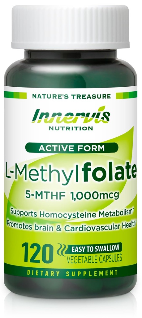 생물 활성 Folate (L-5-MTHF 1000mcg, Folate 1700mcg) - 두뇌 & 무취 지원, 쉬운 투-수로, 120 Veg 캡슐