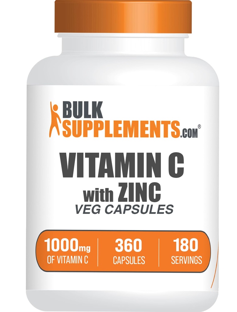 아연 캡슐을 가진 BulkSupplements.com 비타민 C - 비타민 C 1000mg & 아연 15mg, 면역 지원 - Vegan, 서빙 당 2 캡슐, 360 Veg 카운트 (팩 1)