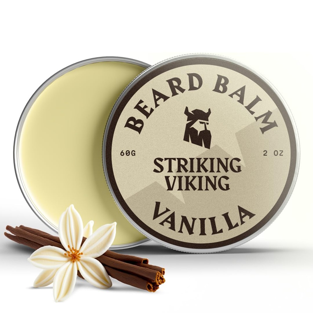 남자를위한 스트릭 바이킹 Beard Balm - Beard 컨디셔너에 남겨 - 자연적으로 Derived Beard Butter, Argan & Jojoba Oils (2 Ounce (Pack of 1), Vanilla)로 만든 스타일링 Balm