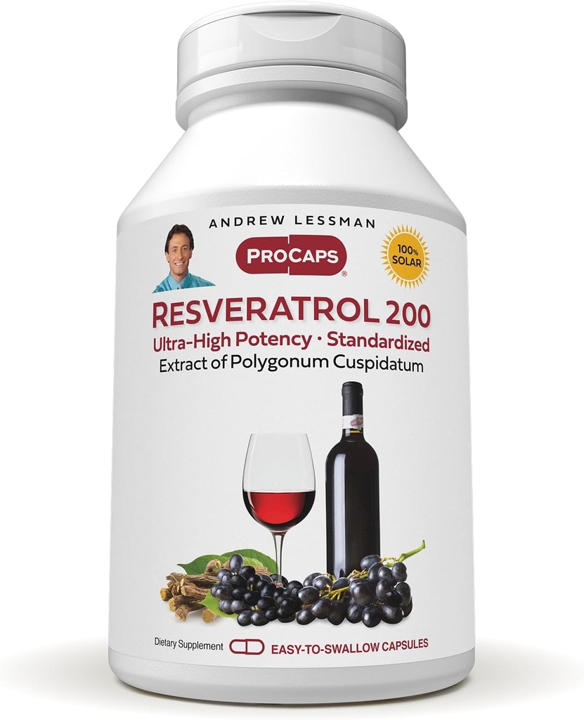 ANDREW LESSMAN Resveratrol-200mg - 30 캡슐 - 레드 와인의 Beneficial, Naturally Occurring Anti-oxidant, 알코올없이. 첨가제 무료