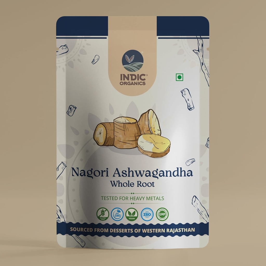 INDIC ORGANICS Nagori Ashwagandha Root | 고갈의 고대 Vedic-Era 스트레인 | 중금속 시험 | Non-GMO | Western Rajasthan, India (Whole Root, 250 Grams)