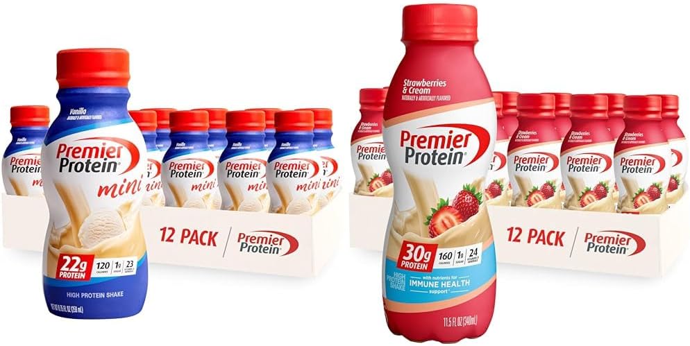 프리미어 Protein Shake MINIs Vanilla 22g Protein 120 칼로리 팩 12 & Strawberry Premier Protein Shake 30g Protein 160 칼로리 팩 12