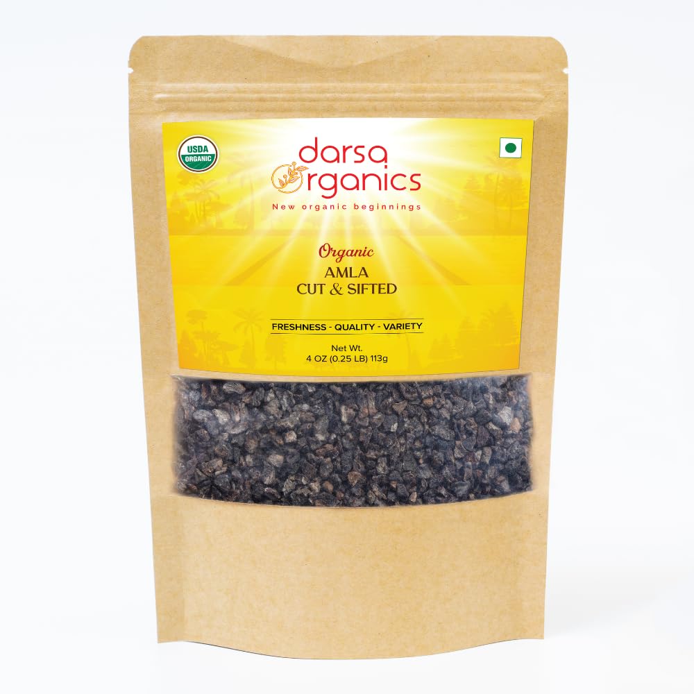 Darsa Organics Indian Gooseberry, Dried Amla Cut & Sifted 4oz - 초본 차를 위한 USDA 유기 Amla, 건강한 조리법, 머리 성장 & Immunity, 비타민 C & 산화 방지제, Vegan, 비 GMO, 글루텐 자유로운, 고약
