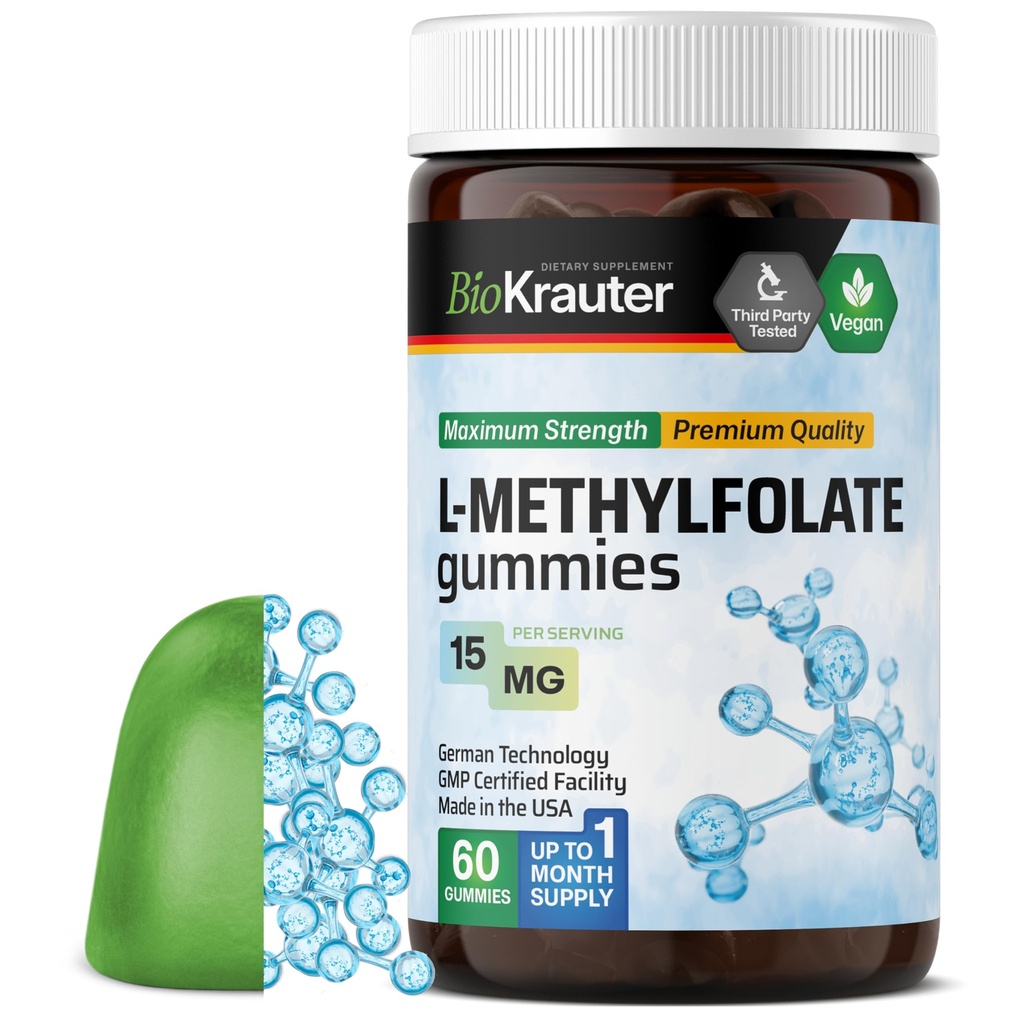 BIO KRAUTER L Methylfolate Gummies - 25 mg DFE - 60 Vegan Chews - MTHF 보충교재 - Folate 보충교재 - Folic 산 Gummies (비타민 B9) - 젤라틴 자유로운 공식