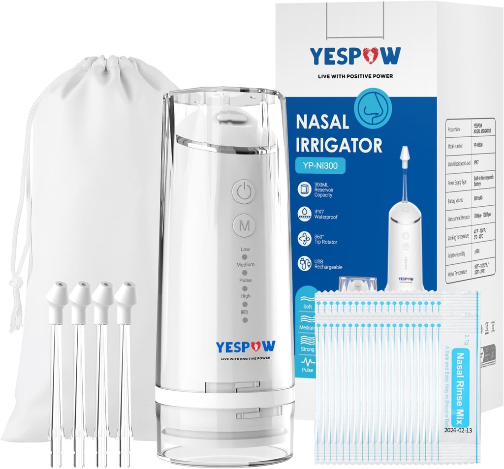 Nasal 관개 시스템 - YESPOW 전기 Neti Pot Nose Cleaner - 노스 워시를위한 4 가지 모드가있는 Sinus Rinse Machine - Sinus Flush 및 Relief 용 40 Packets Saline이있는 Nasal Irrigator