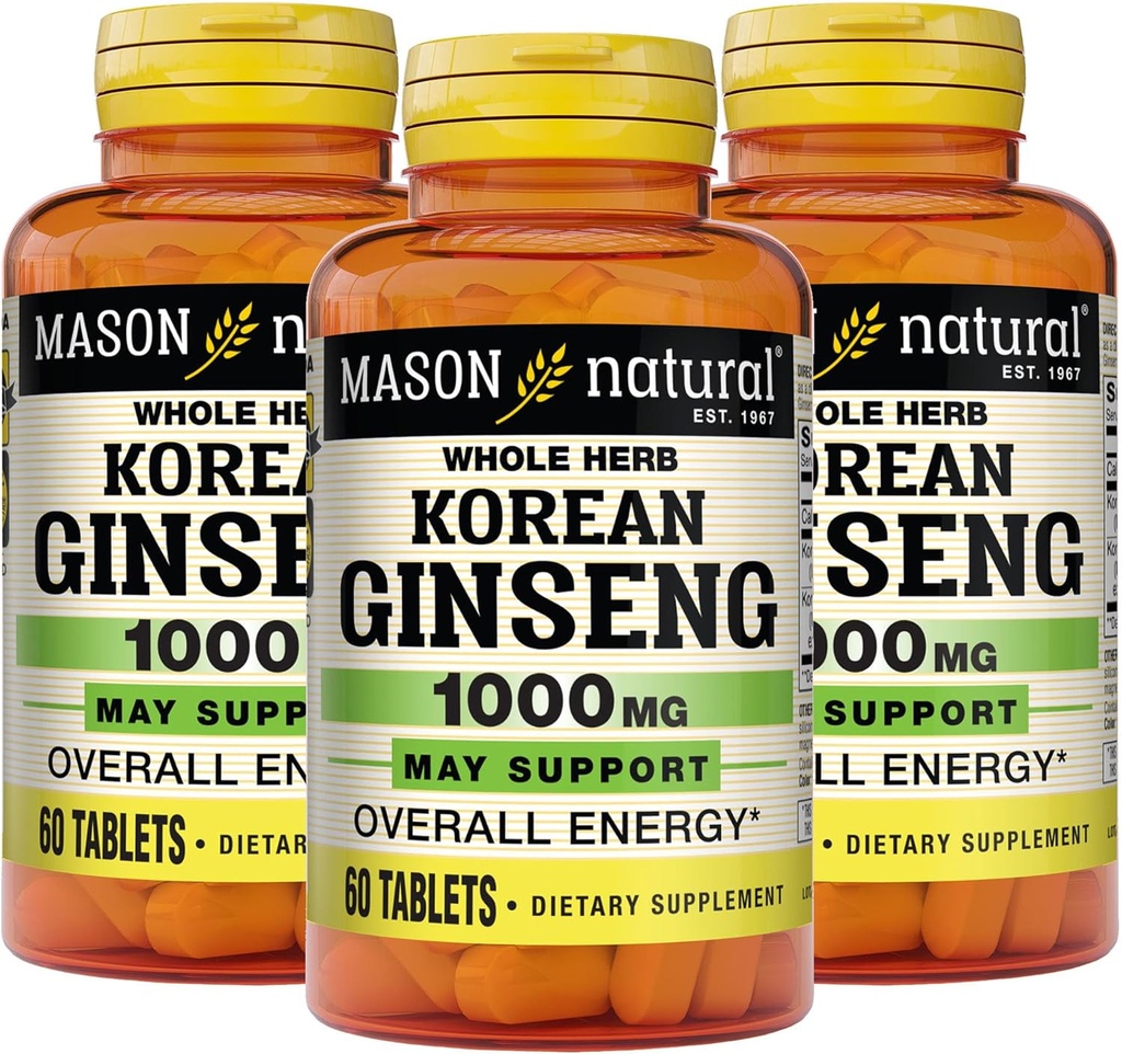 MASON NATURAL 한국인삼 1,000 mg, 지원 에너지, 내구시간 & 활력, 60 정제, 팩 3