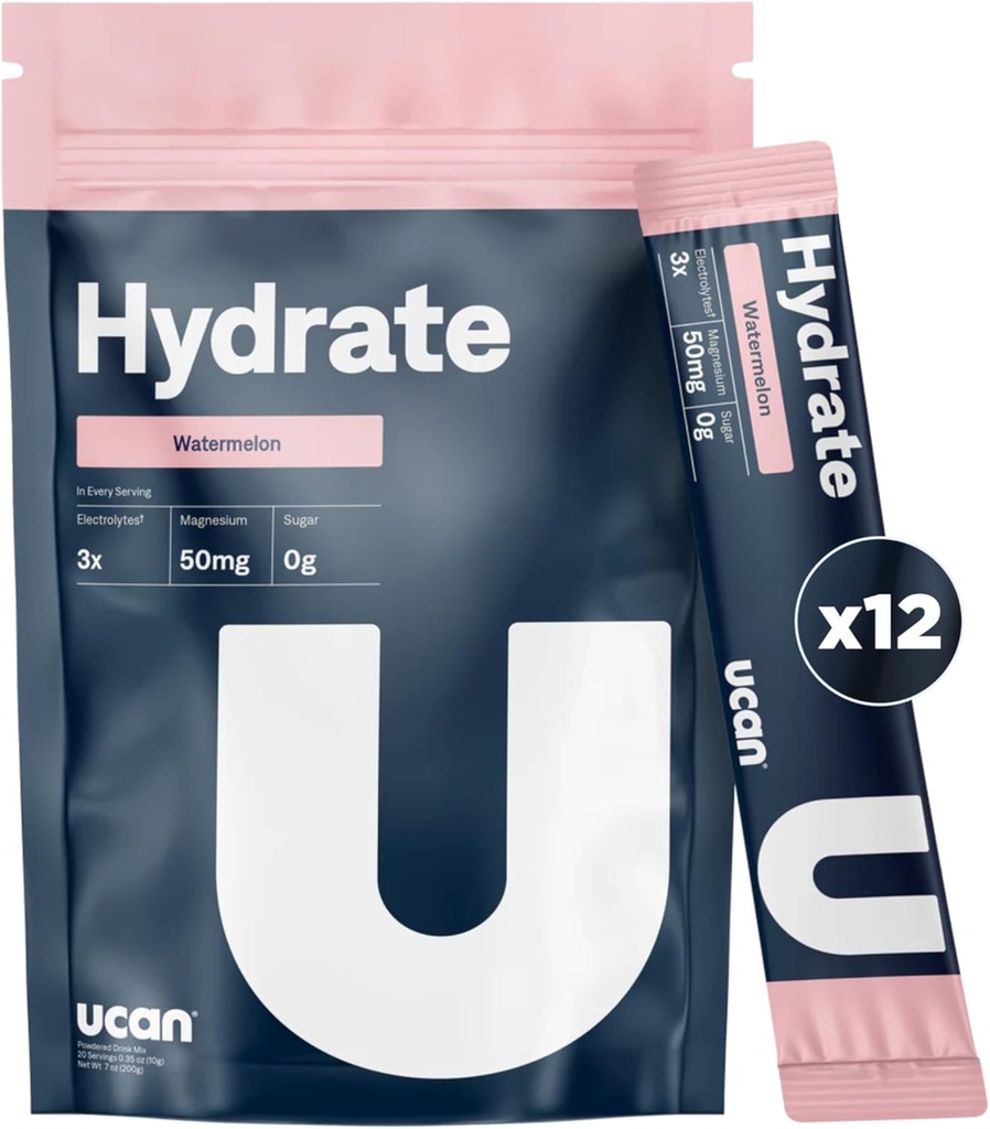 UCAN Hydrate Electrolyte 음료 혼합 (수박, 12 Stickpacks) Sugar-Free, Keto-Friendly, Vegan, Non-GMO, Gluten-Free Electrolyte Powder with Potassium & Magnesium for Runners & Athletes