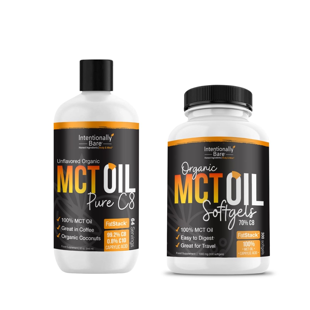 MCT 기름 캡슐과 순수한 C8 MCT 기름 뭉치.