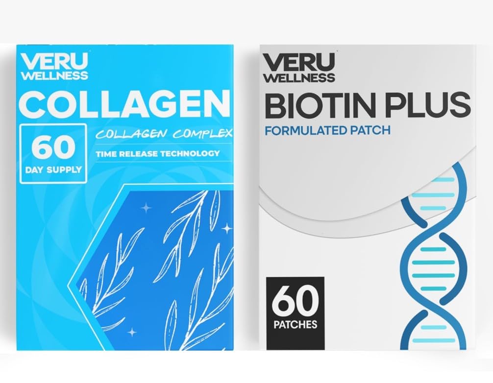 Veru Wellness Hair Skin Nail Duo Lifestyle Patch - Biotin Collagen - 자동 접착 시간 릴리스 화제 패치, 8-10 시간 (60 일 공급)