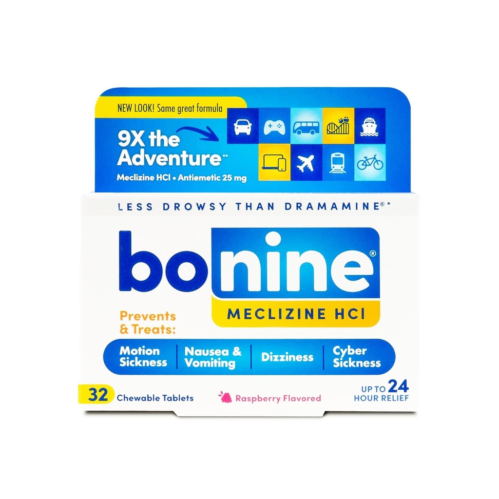 Bonine Non-Drowsy Motion Sickness Relief - Meclizine HCL 25mg이있는 Chewable 정제 - Nausea 또는 Motion Sickness를위한 비 Drowsy Medicine - Cruise Essentials - 라즈베리 맛, 32 Chewable Tablets