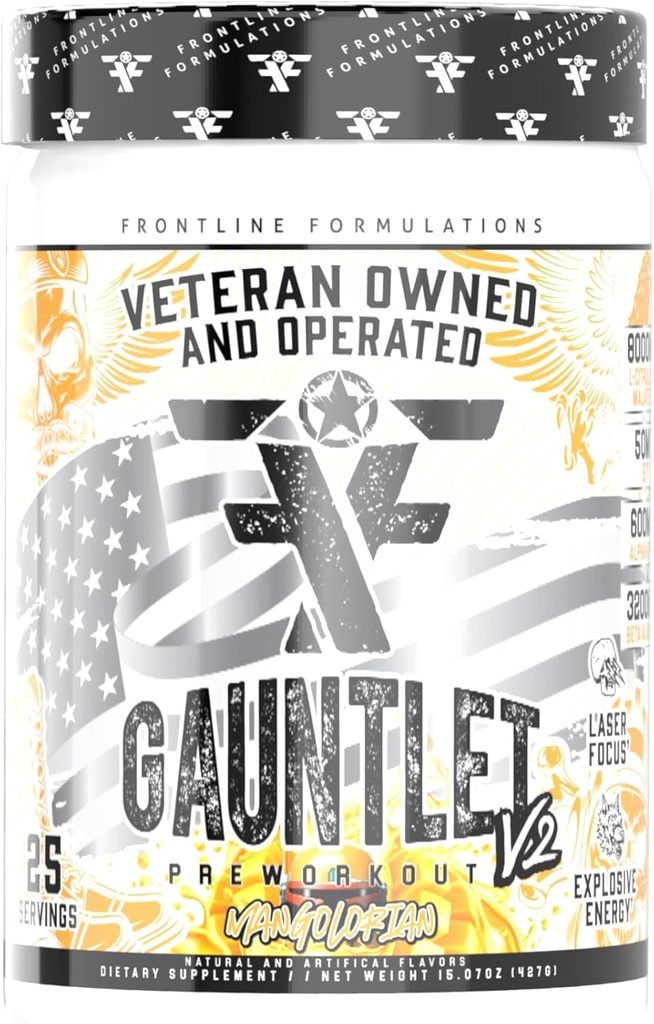 Gauntlet Pre-Workout Powder, 폭발 운동, 레이저 초점, 중간 자극, 놀라운 맛, 베테랑 소유 및 운영 (25 서빙, 망고리)