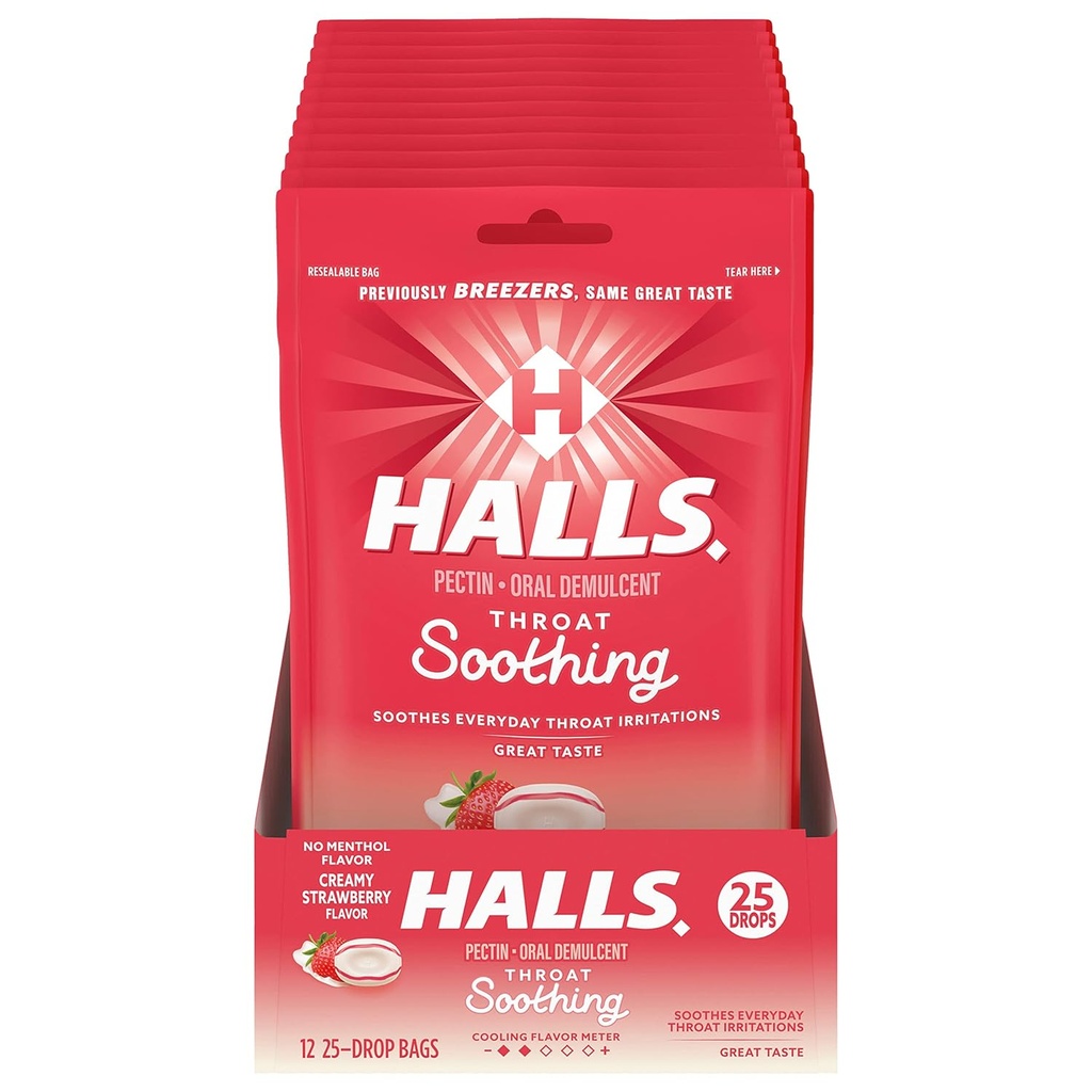 HALLS Throat Soothing (이전 HALLS Breezers) 크림 딸기 스로트 드롭, 12 가방의 25 드롭 (300 총 드롭)