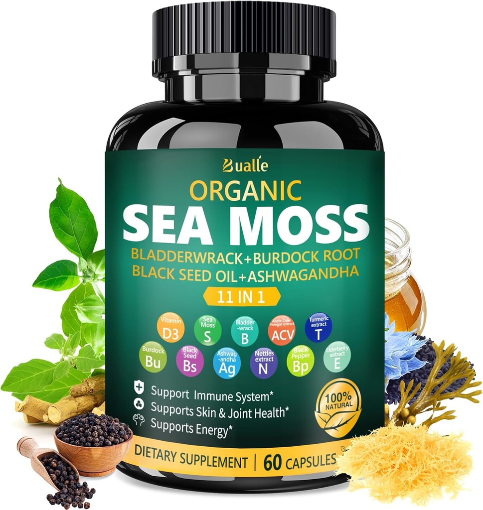 Black Seed Oil, Ashwagandha, Bladderwrack, Ginger & Burdock Root와 Bualle Organic Sea Moss 캡슐 - 매일 웰빙을위한 허브 복합체 - 60 캡슐 (1 팩)