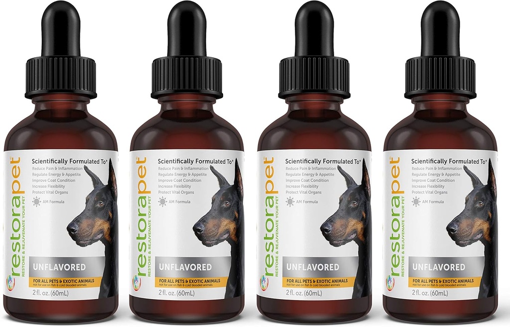 RestoraPet 4-Pack Dog & Cat Unflavored Liquid Multivitamin | Dog Arthritis Pain Relief | Dogs를 위한 Hip&Joint Vitamin | 개 및 고양이용 방염 | 유기농 및 비 GMO, Vet 승인