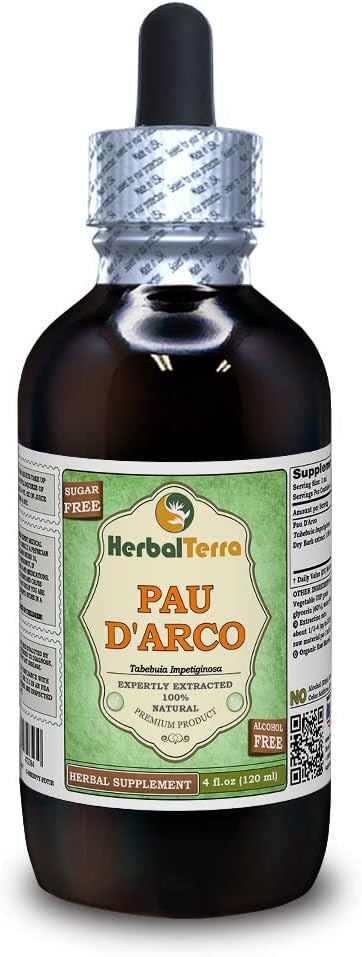 PAU d'arco (Tabebuia Impetiginosa) Glycerite, 말린 Bark 알콜 자유로운 액체 추출물 (브랜드 이름: HerbalTerra, 미국에서 Proudly 만든) 4 fl.oz (120 ml)