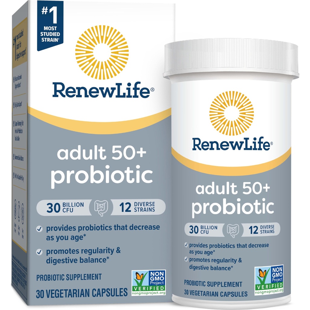 Renew Life Probiotic 성인 50 Plus Probiotic 캡슐, 매일 보충 지원 Urinary, 소화 및 면역 건강, L. Rhamnosus GG, Dairy, Soy 및 gluten-free, 30 억 CFU, 30 조사