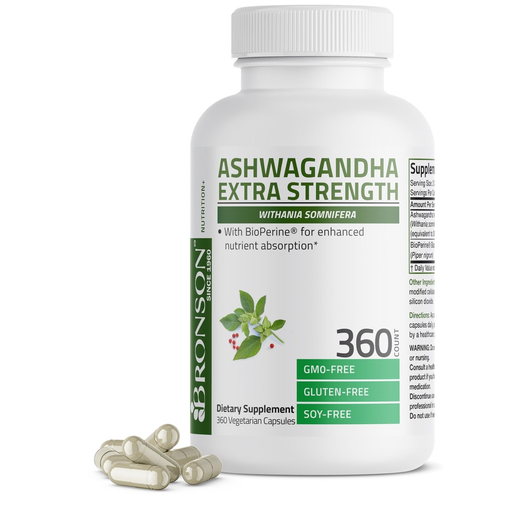 Bronson Ashwagandha Extra Strength Stress & Mood Support with BioPerine - 비 GMO 공식, 360 채식 캡슐