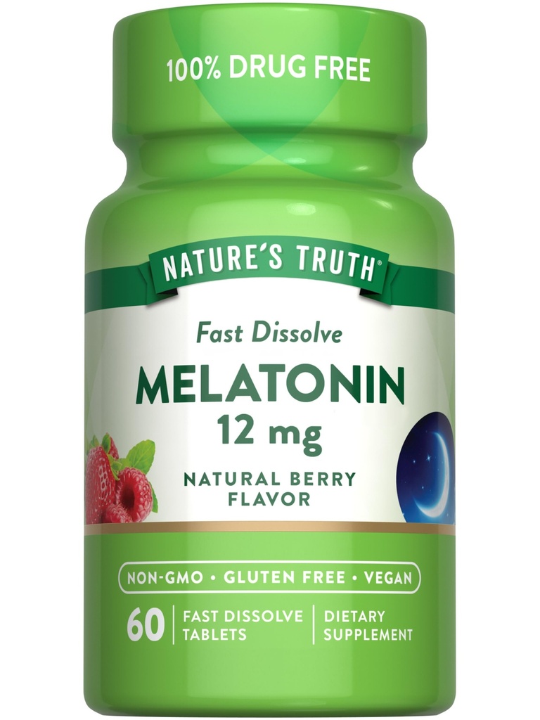 자연의 진실 멜라토닌 12mg | 60 빠른 용해 정제 | 천연 베리 맛 | Vegan, Non-GMO & 글루텐 무료 보충
