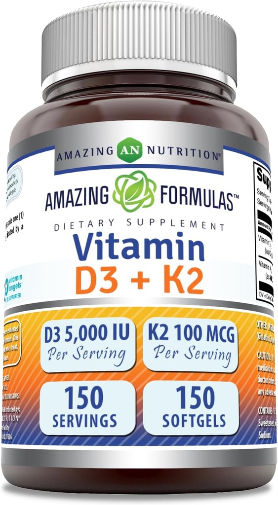 놀라운 수식 비타민 D3 5000 IU 비타민 K2 100 Mcg | D3 + K2 복합 보충 | Softgels | Non-GMO | 글루텐 프리 | 미국 (1 팩, 150 개)