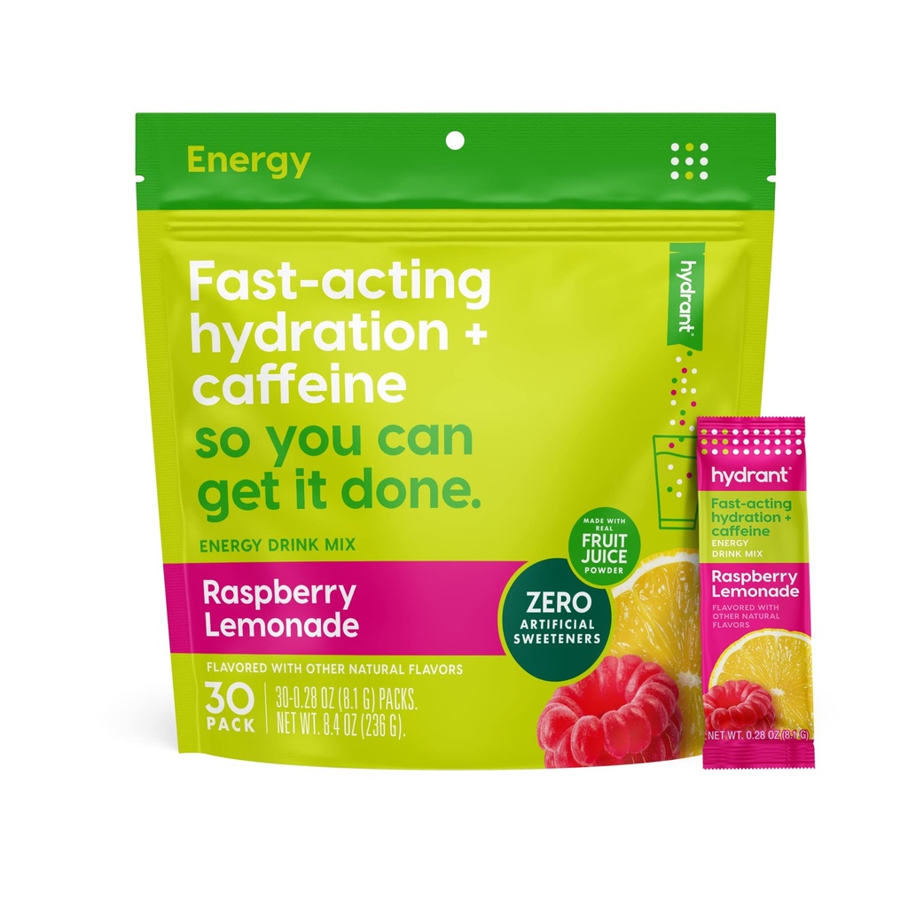 Hydrant - Energy Electrolyte Powder, Raspberry Lemonade 풍미, 30 카페인 & L-Theanine Energy Rehydration 스틱 팩 - 매일 사용을위한 낮은 설탕 에너지 분말