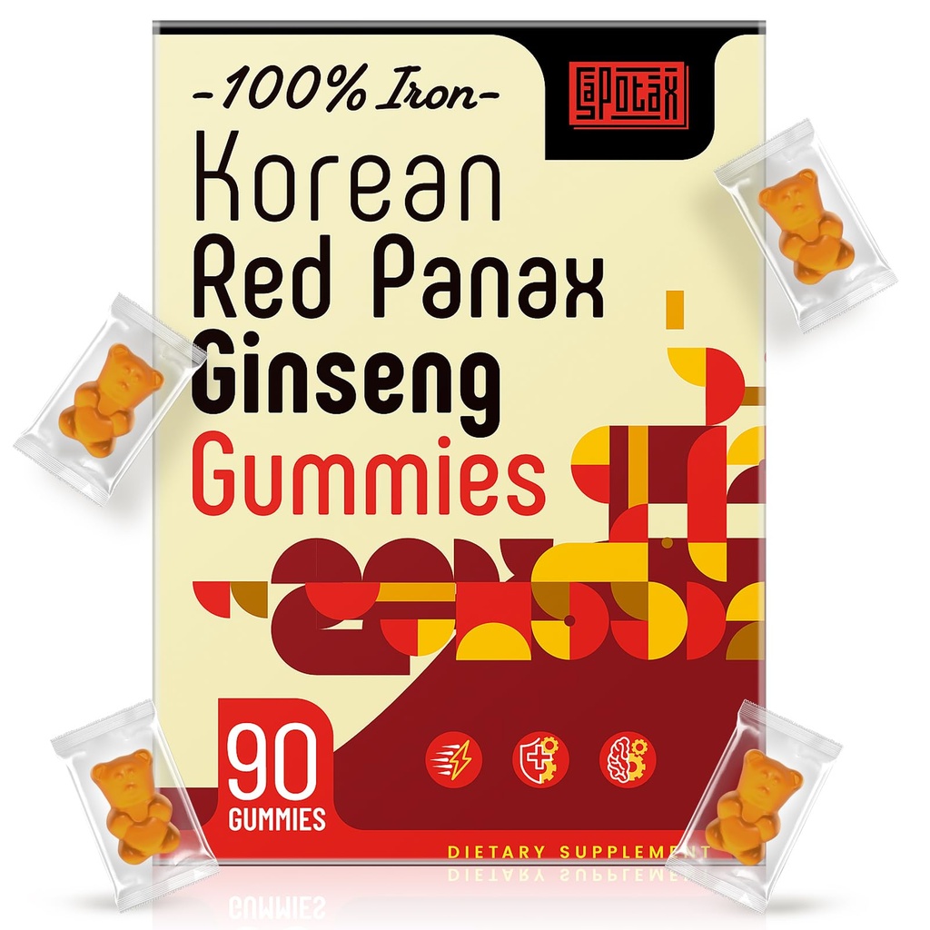 Korean Red Panax Ginseng Supplement Gummies - 여성 및 남성을위한 철 보충제 - 비타민 C, B6, B12, 칼륨 및 마그네슘, Vegan - 90 카운트가있는 철 Gummies
