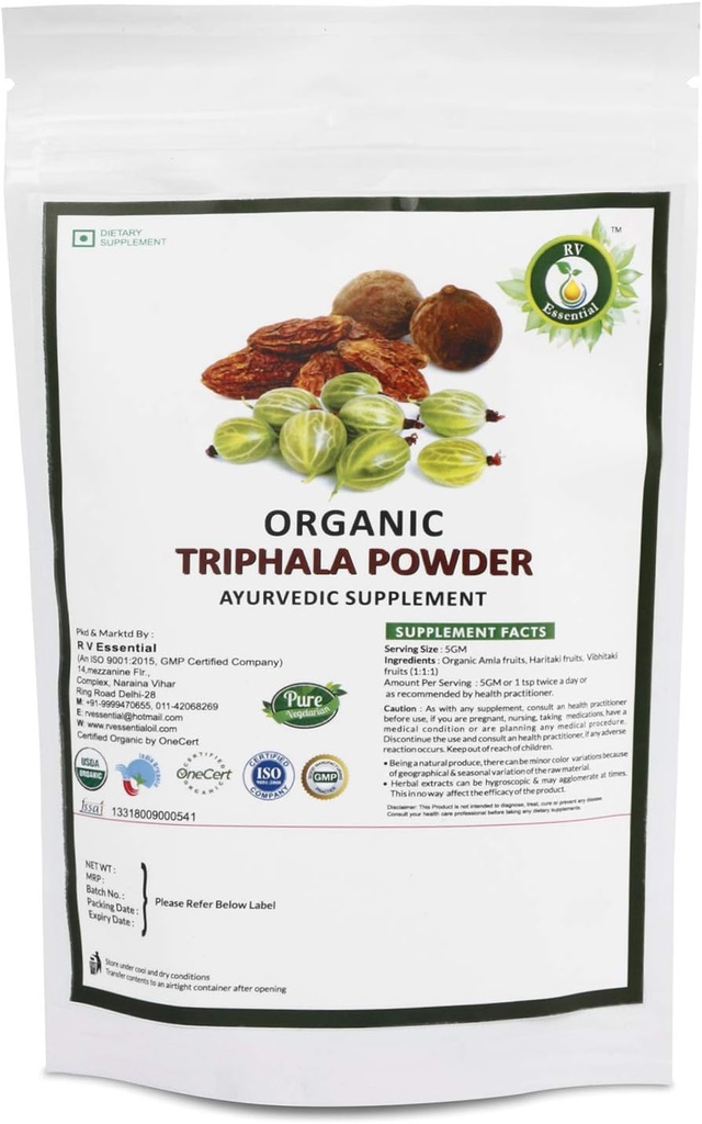 R V 필수 유기 Triphala 분말 100gm/3.53oz/0.22lb- Haritaki, Vibhitaki 및 Amla에서 만드는 1:1:1 Triphala Churna 분말 USDA Zip 자물쇠 주머니에 있는 유기 증명된 Ayurvedic 초본 보충교재