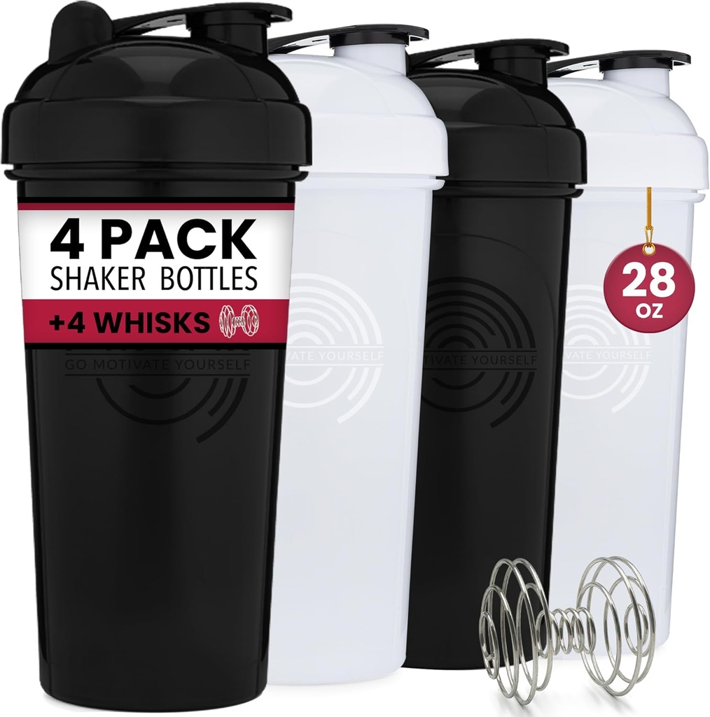 GOMOYO 4-Pack - 28 Ounce Protein Shaker Bottle for Mixes, 4xWire Whisk, 누출 증거 대량 보충 혼합 및 사전 운동 셰이커 컵, Dishwasher Safe & BPA Free, Black & White