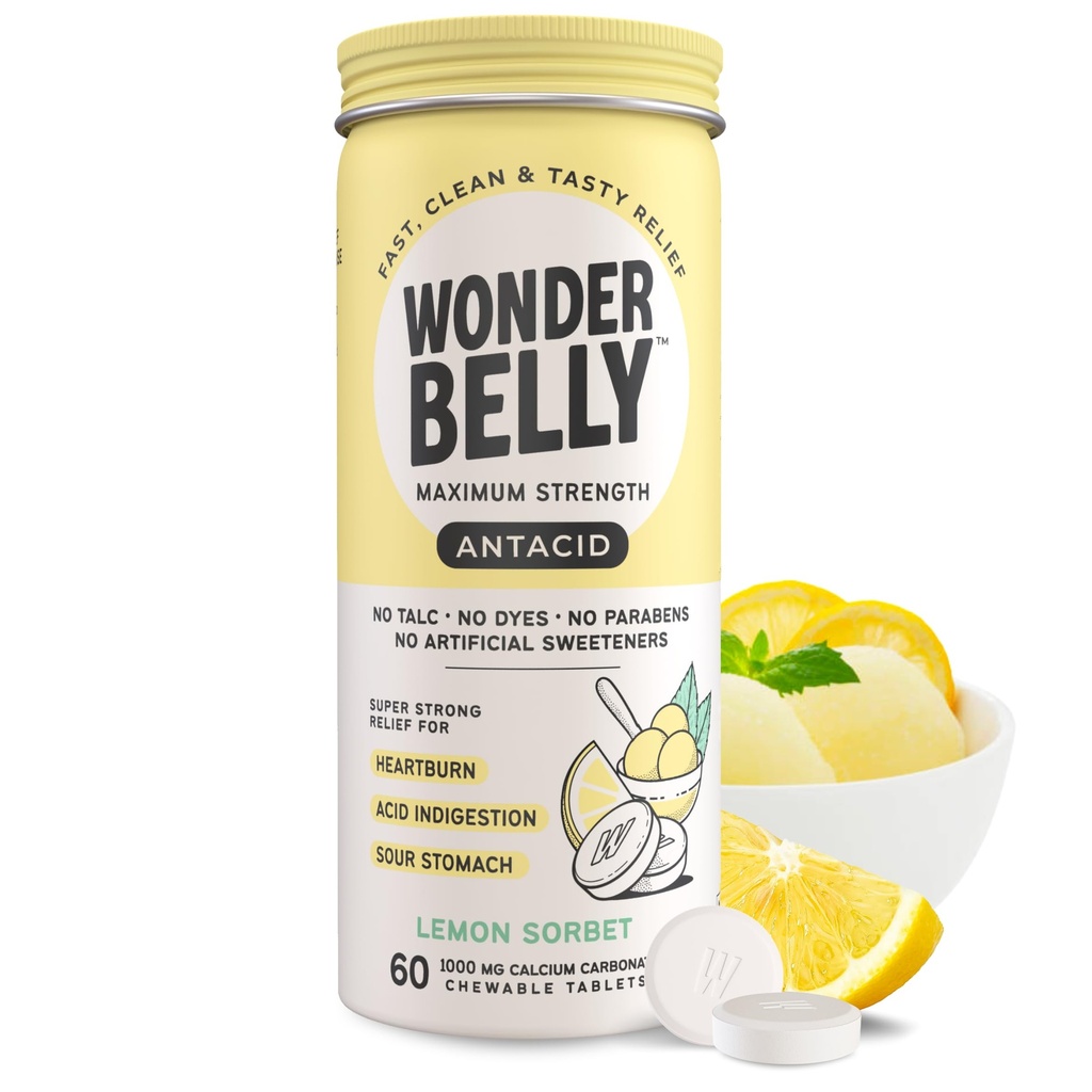 Wonderbelly Antacid, 효과적인 Heartburn 및 즉시 산 소화 구호, 여분 힘 Chewable 정제, 1000 mg 칼슘 탄산염, Talc 또는 염료 없음, 레몬 Sorbet, 60 조사