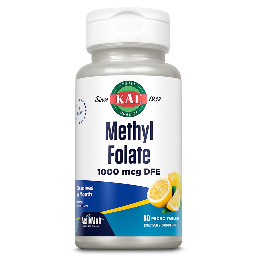 KAL 메틸 Folate 1000 mcg, 5-MTHF 활동적인 모양, Folic 산 보충교재, 심장 건강, Prenatal, 계류 및 뇌 지원, 채식주의자, 자연적인 레몬 ActivMelt, 60 일 보증, 60 봉사, 60 마이크로 정제