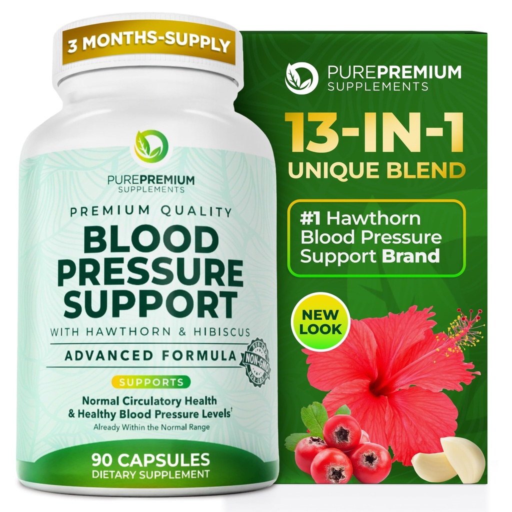 Hawthorn Berry, Hibiscus, Garlic & Vitamin B12- 정상적인 심장 건강, 순환 건강 및 혈압 지원을 위한 Nitric 산화물 보충교재를 가진 PurePremium 혈압 보충교재 - 90ct