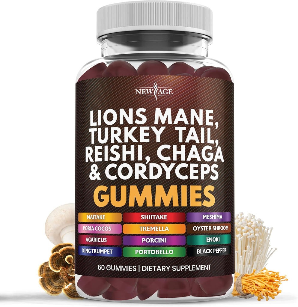 NEW AGE Mushroom Lion 's Mane Supplement Gummies - Reishi, Cordyceps와 버섯 보충 - 60 개