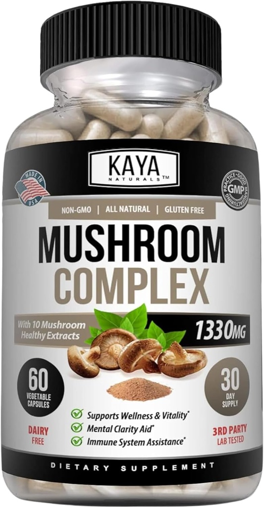 Kaya Naturals Premium Mushroom Complex Potent - 버섯 복합 캡슐 1330mg 서빙 - Aids Mental Clarity 지원 면역 체계, 웰빙 및 활력 - 60 조사