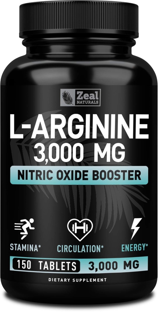 Zeal Naturals L Arginine 3000mg 캡슐 (150 정제 | 1000mg) 근육 성장, 혈관 기능 및 에너지 지원을위한 최대 복용량 L-Arginine Nitric 산화물 보충 - Nitric 산화물 부스터