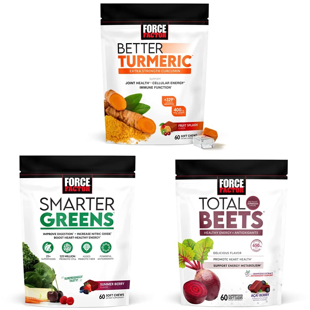 힘 요인 더 나은 심황 합동 지원 보충교재 & 더 똑똑한 녹색 Superfood Chews, 60 연약한 Chews & 합계 Beets 연약한 Chews, 60 Chews