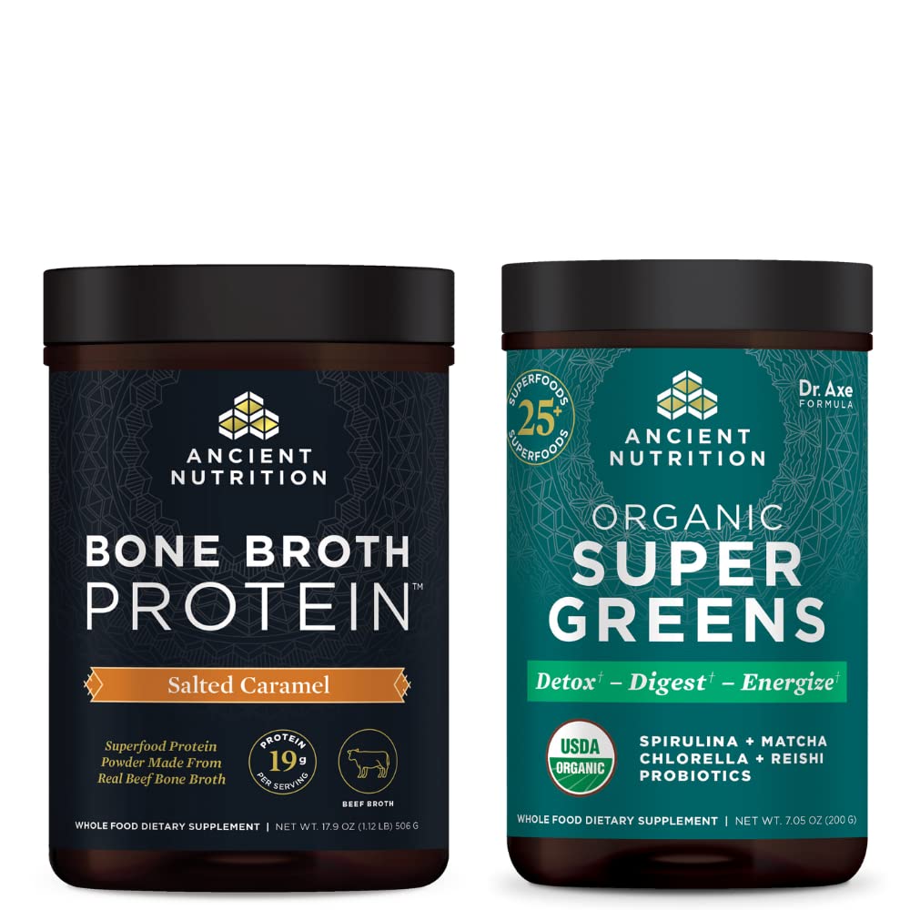 고대 영양 뼈 Broth 단백질 분말, 소금된 Caramel, 20의 서빙 + 유기 Supergreens 분말, 녹색 풍미, 25의 서빙