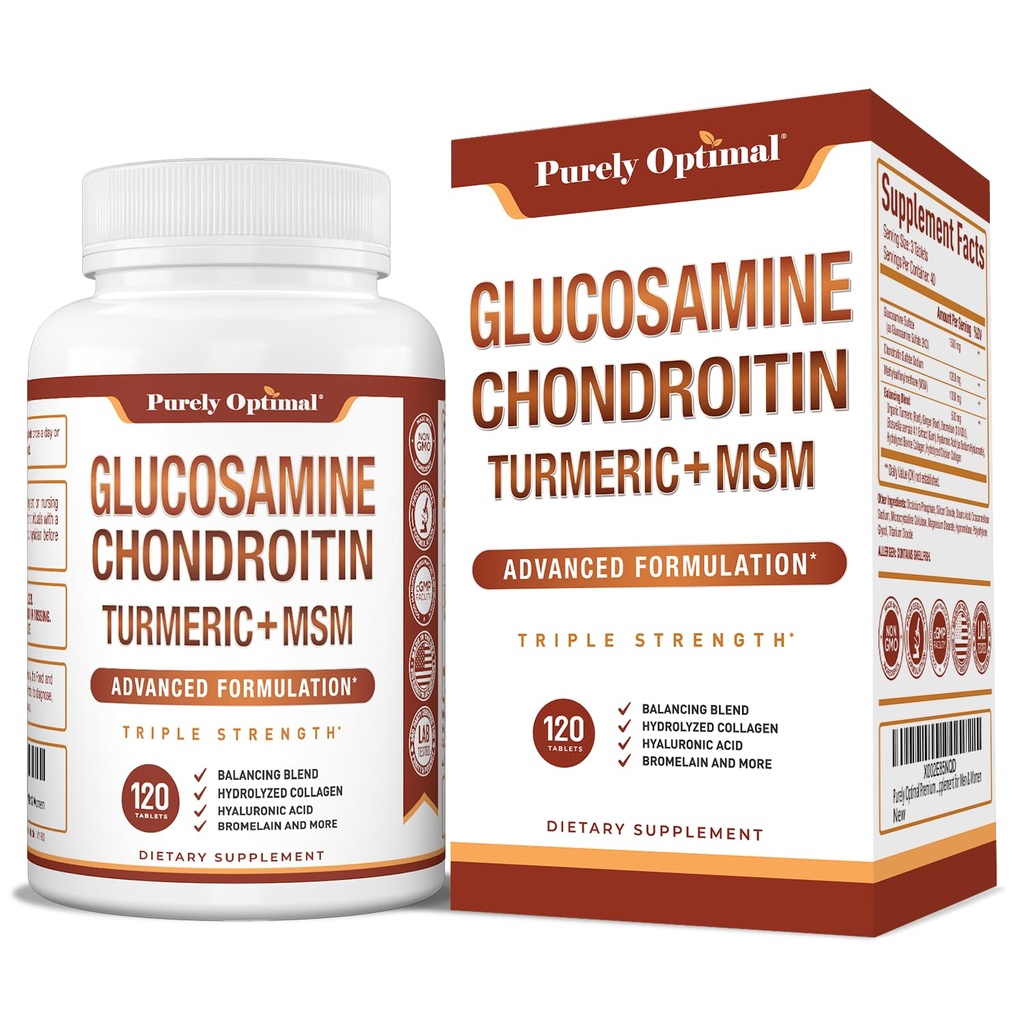 Purely Optimal Glucosamine Chondroitin MSM 보충교재 w/Turmeric & Boswellia - 남자 & 여자를 위한 글루코사민 황산염 합동 보충교재 - 120의 정제