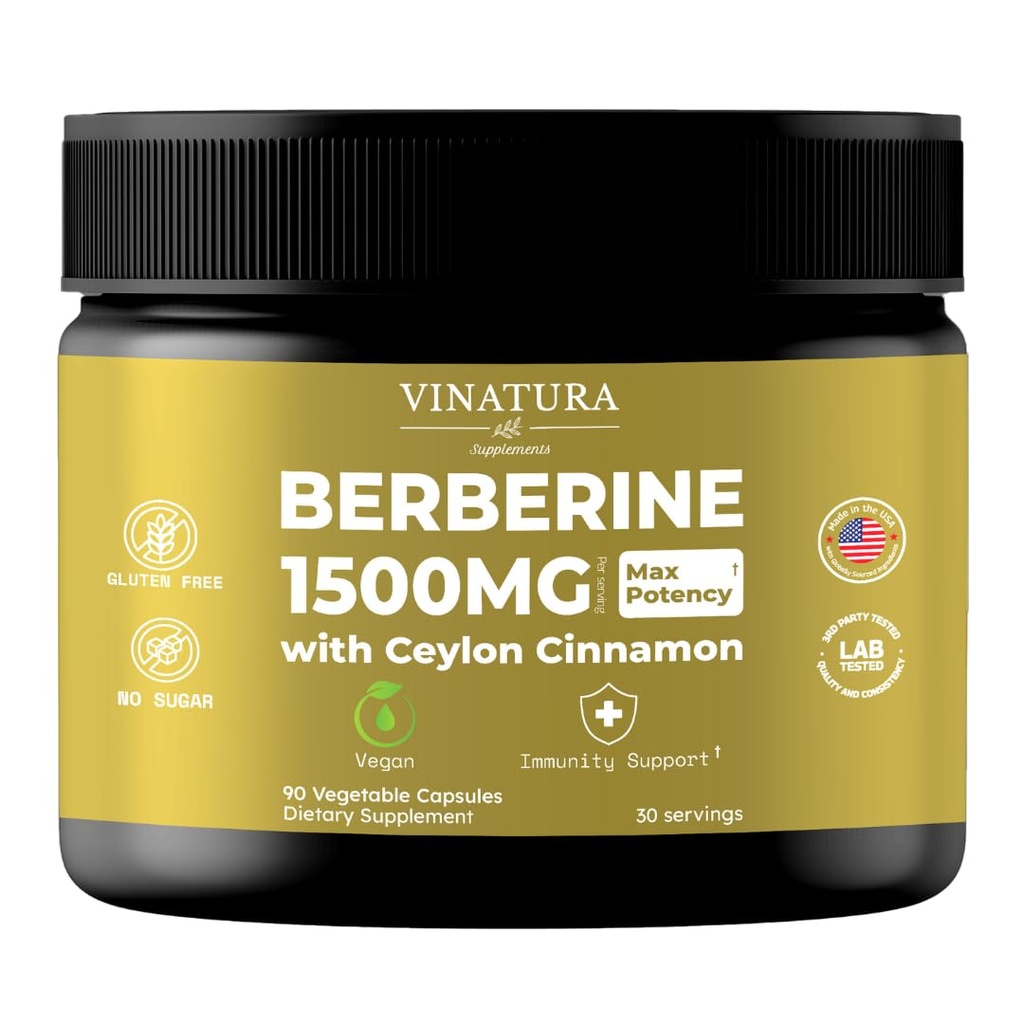 VINATURA Berberine 1500mg - Ceylon Cinnamon를 가진 Berberine 보충교재, 최대 힘 Berberine HCL - 90의 캡슐