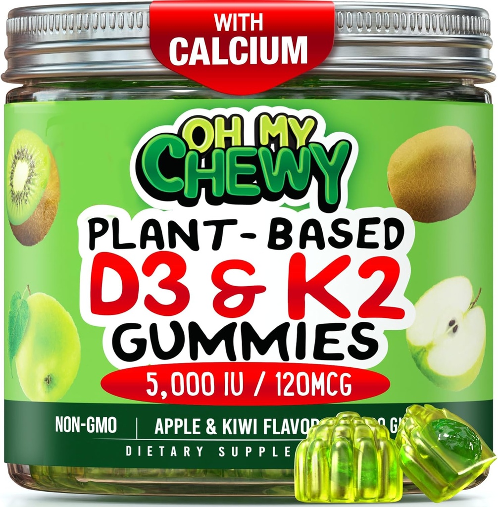 Center-Filled Vitamin D3 K2 Gummies - 어린이, 청소년 및 성인 - 건강한 치아, 뼈, 에너지 및 면역성을위한 보충 - 5000 IU D3, 120 mcg K2 (MK-7), 120 mg 칼슘 - Vegan & Non-GMO - 60 카운트