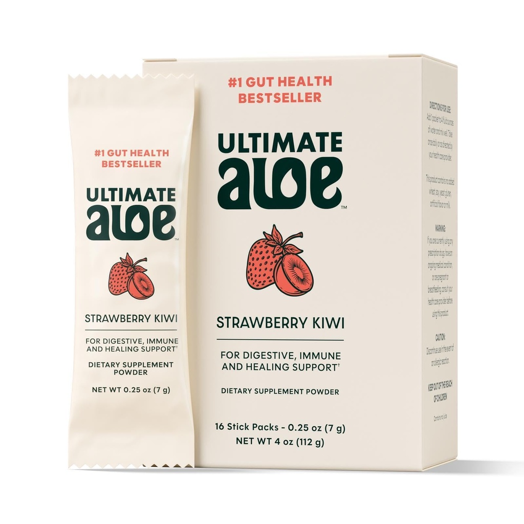 Ultimate Aloe Powder – Strawberry Kiwi 맛, 소화 건강 지원, 면역 체계 & 정상 치유, 편리한 분말 패킷에 알로에, 16 패킷, 글루텐 프리, 비 GMO