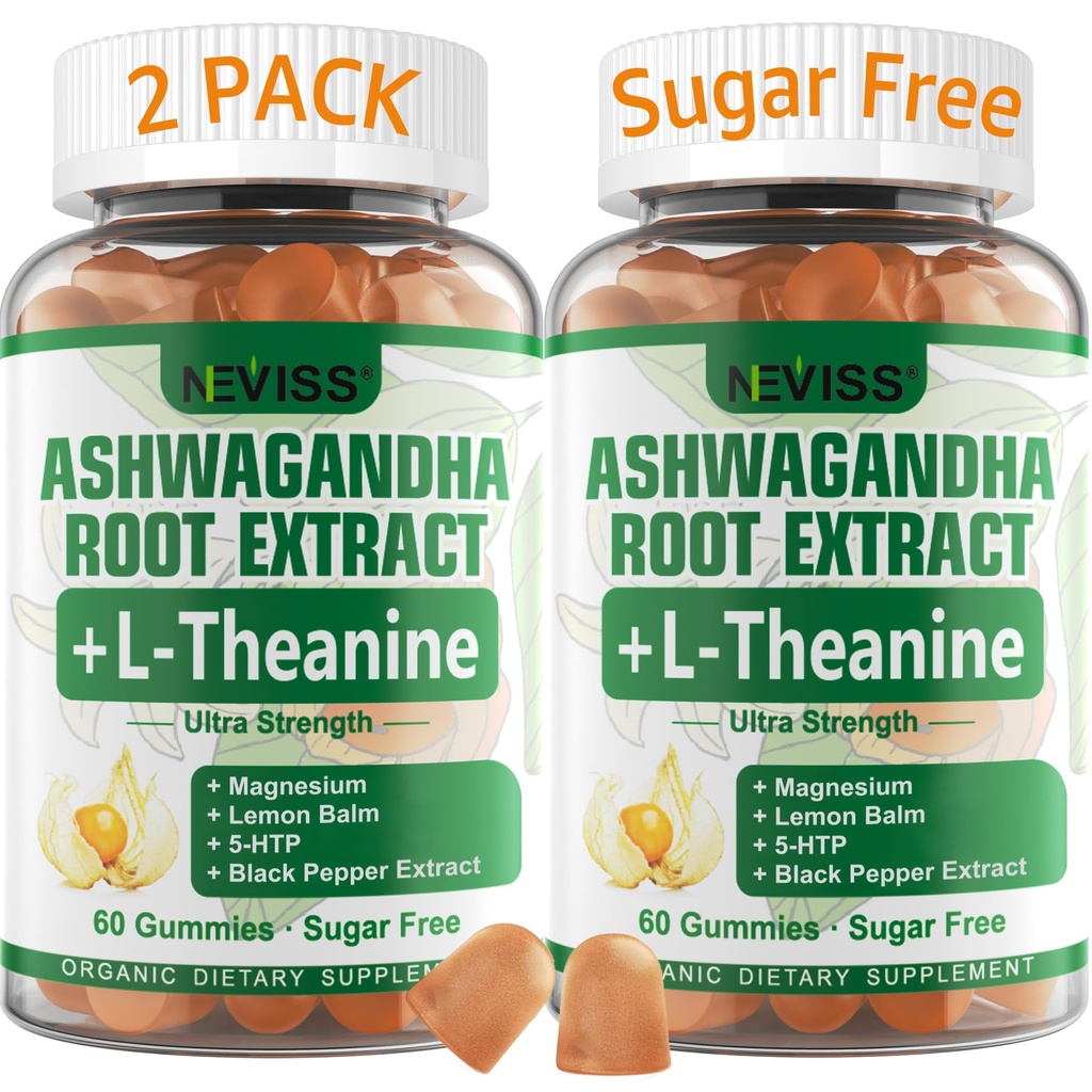 NEVISS Ashwagandha Gummies 2000mg의 느낌은 L-Theanine, 5-HTP, 레몬 발름, 캘름, Zzzs & Relaxation 지원을 위한 마그네슘, 120 조사를 가진 번식 혼합 플러스, 상쾌하게 합니다