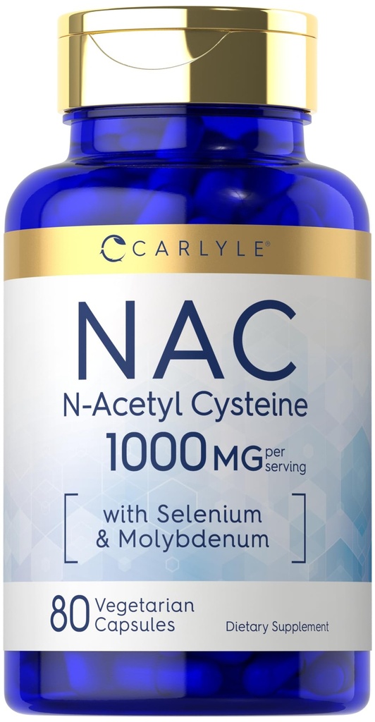 Carlyle NAC 보충 N-Acetyl Cysteine 1000mg | 80 캡슐 | 셀레늄 및 몰리브덴 | 채식주의, 비 GMO 및 글루텐 무료